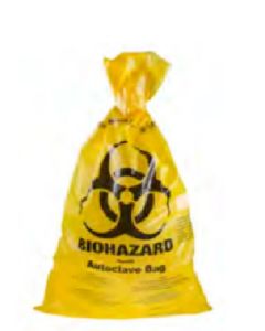 Autoklavoitava Biohazard-merkitty keltainen jätepussi 70x110cm 72L 350kpl
