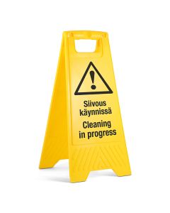 Varoituskyltti 2-puolinen keltainen - Siivous käynnissä/Cleaning in progress
