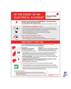 Ohjetaulu Sähkötapaturman sattuessa, englanninkielinen, muovi 30 x 40 cm
