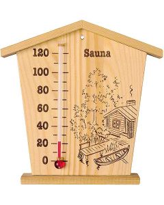 Saunan lämpömittari kuvalla puinen mökkimuoto