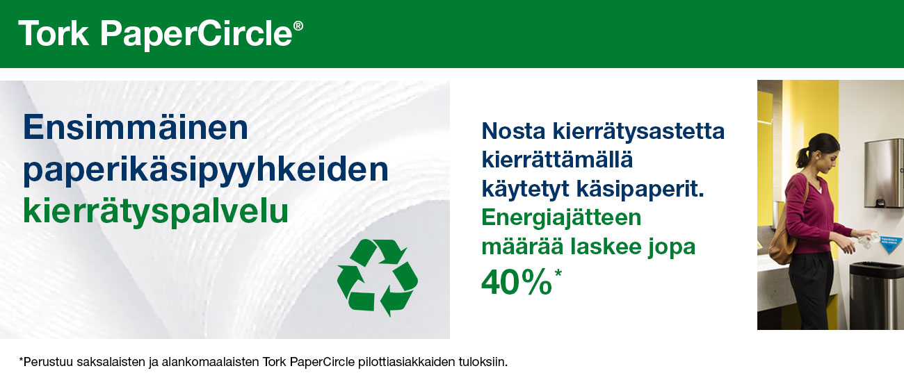 Tork PaperCircle -kierr&auml;tyspalvelu k&auml;ytetyille paperik&auml;sipyyhkeille